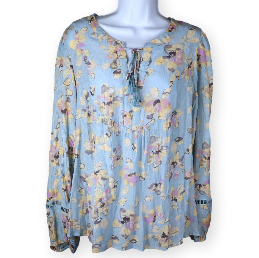 Zac + Rachel Blue Floral Peasant Boho Tie Neck Blouse L